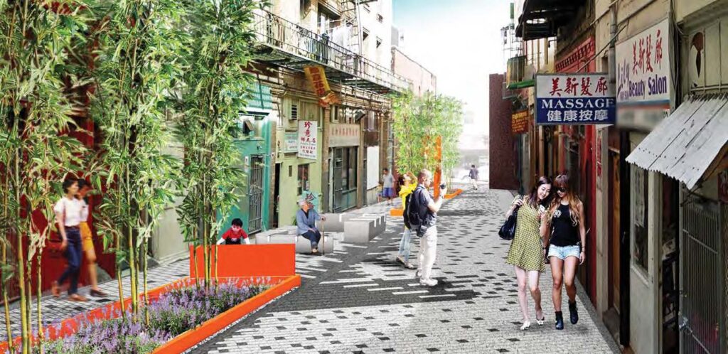 A rendering from the Chinatown Green Alley project by SFPUC/SFDPW featuring green infrastructure technologies that uses the natural process of plants and soil to filter, clean, and infiltrate stormwater, reducing the burden on the sewer system.